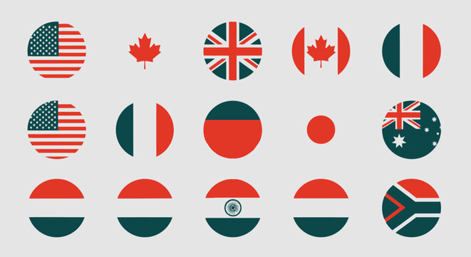Set of popular national flag circle icons including USA, Canada, UK, and more on isolated white background.