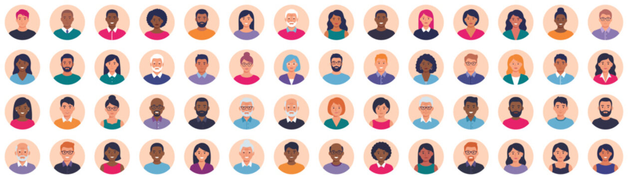 Diverse person round avatars arranged in rows for profile web design | Flat icon vector illustration collection representing people community groups
