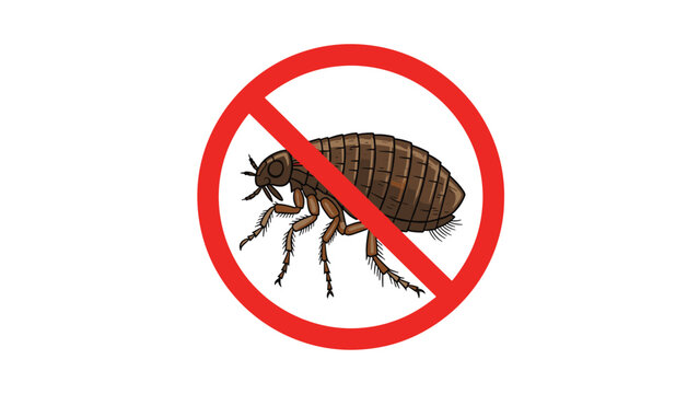 Color illustration of a pest control sign featuring a brown flea inside a red prohibited circle to promote insect extermination services.