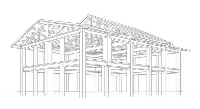 An architectural 3d blueprint and house sketch drawing showing the residential building structure project from a concept design plan to the final engineering facade