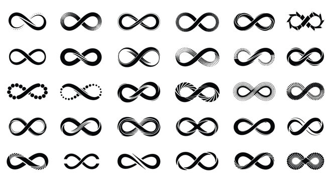 Comprehensive selection of infinity symbols in diverse artistic styles including brush strokes, dots, and sharp geometric patterns.
