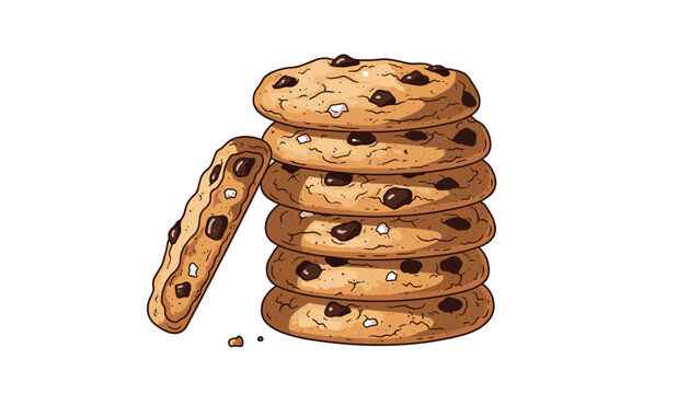 Tall stack of delicious homemade chocolate chip cookies with one broken piece leaning against the side and crumbs on the white surface.