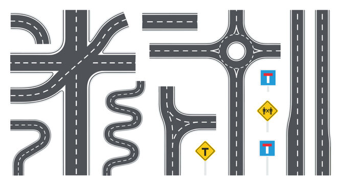Detailed collection of road and highway sections includes straight paths, sharp curves, roundabouts, and various traffic sign icons.
