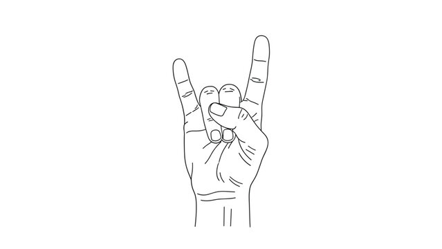 Minimalist line drawing of a human hand making the classic rock on or horns hand gesture with the index and pinky fingers raised upward.