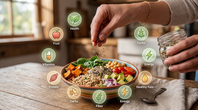 Healthy homemade buddha bowl preparation with nutrient infographic icons displaying balanced diet ingredients on a rustic wooden kitchen table surface