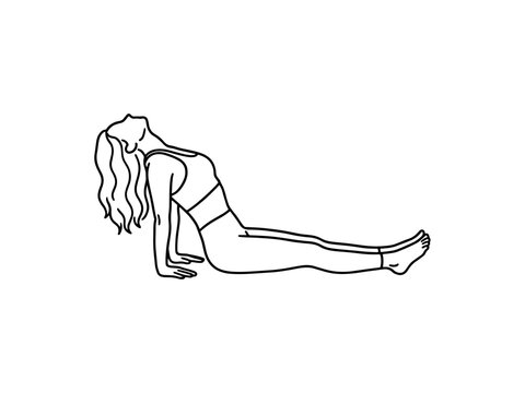 A minimalist black and white line art illustration of a woman performing the Matsyasana yoga pose, also known as the Fish Pose.