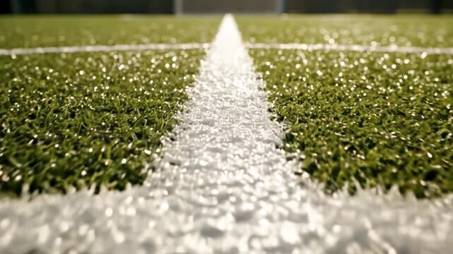 Close-up of white line on grass sports field.