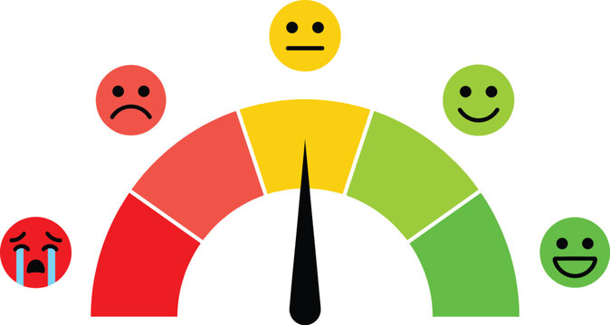 Customer satisfaction rating scale with emoticon faces from sad to happy feedback meter gauge evaluation concept service quality experience vector illustration