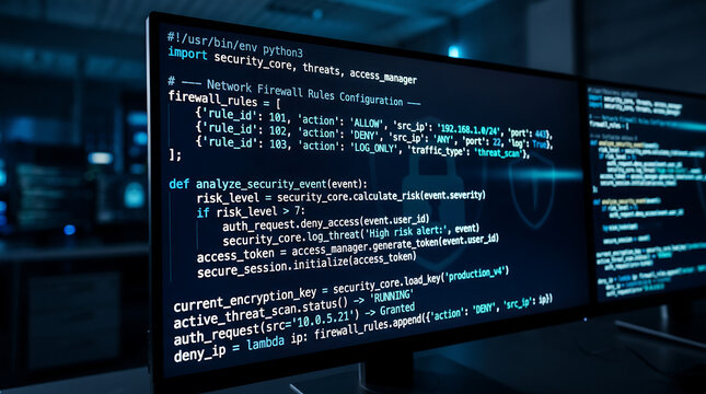 Network firewall configuration and cyber security programming code on computer screen in dark office showing python script for threat detection and data encryption protection