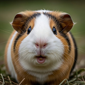 Close-up of a cute, adorable, furry guinea pig with funny teeth, looking out