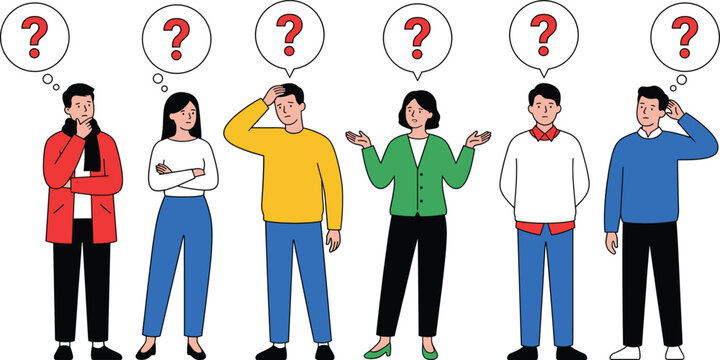 Group of confused people with question marks thinking uncertain decisions, doubt expression, problem solving concept, flat vector illustration isolated on light background