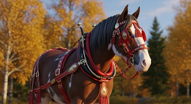 Black horse with decorative bridle in autumn field Vector, illustration