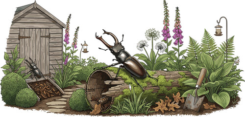 Large Stag Beetle Flying Over Rustic Cottage Garden with Wooden Shed Foxglove and Wildflowers © MstLaky