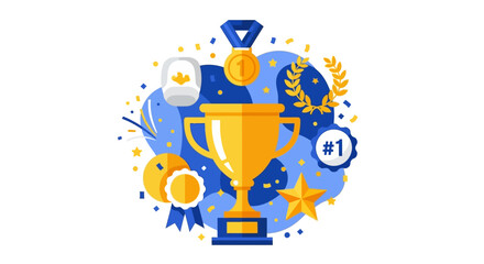 Fototapeta premium Golden Trophy Cup and Achievement Symbols Flat Illustration for Success, Victory, and First Place Award Concept