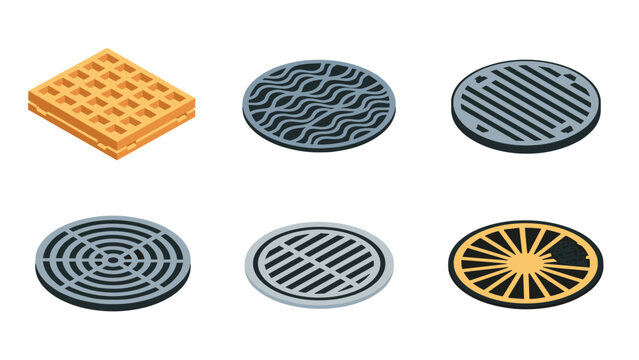Isometric set of five different metal manhole covers and one delicious square waffle displayed in rows on white background.