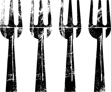 grunge black forks collection vintage distressed kitchen utensil icons set isolated on white