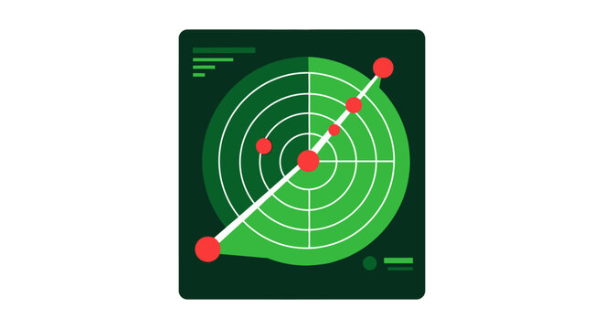 Green Radar Screen Interface with Red Targets and Scanning Sweep Line - Flat Vector Illustration for Technology, Military, and Navigation Concepts
