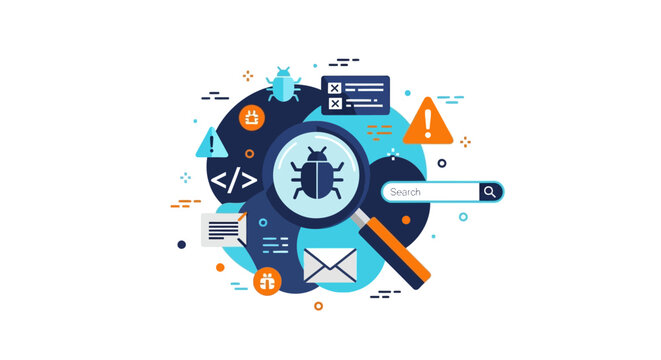 Flat Vector Illustration of Software Bug Testing and Debugging Concept with Magnifying Glass, Code Icons, and Search Elements for Quality Assurance and Cybersecurity.