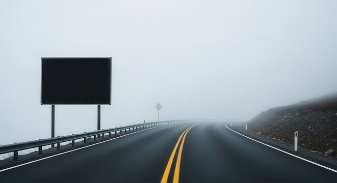 A dark billboard stands against a foggy, desolate highway with double yellow lines guiding the way.