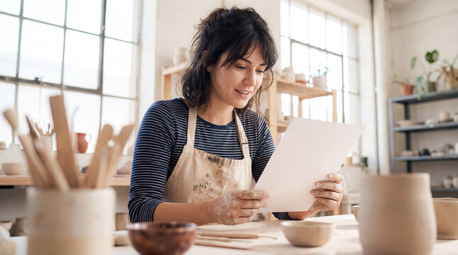diverse adult lifestyle letter pottery studio craft message closeup with woman reading paper among clay tools and bowls suggesting planning handmade business reflection and artisan routine