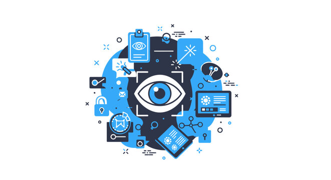 AI Computer Vision and Biometric Digital Surveillance Concept Illustration with Data Security and Analytics Icons