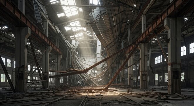 Interior of a large industrial building with collapsed roof and debris