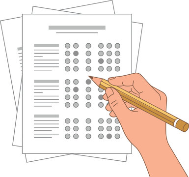 Student filling multiple choice answer sheet with pencil exam test assessment concept education evaluation quiz form flat vector illustration