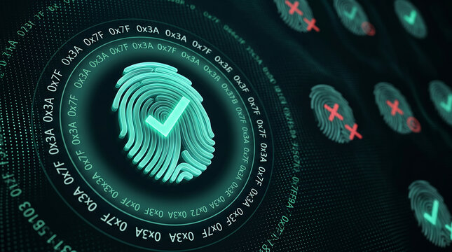 Futuristic biometric fingerprint scanner concept with green check mark for successful identity verification and access granted on digital high tech background with data code