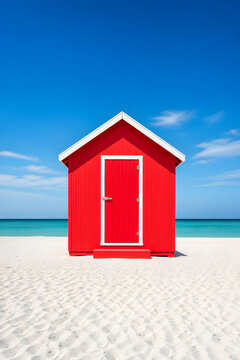 Bright red beach hut standing alone on white sand