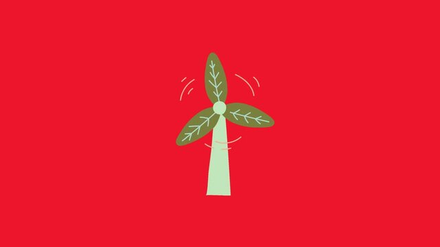 Animated cartoon wind turbine with green leaves on red screen windmill energy