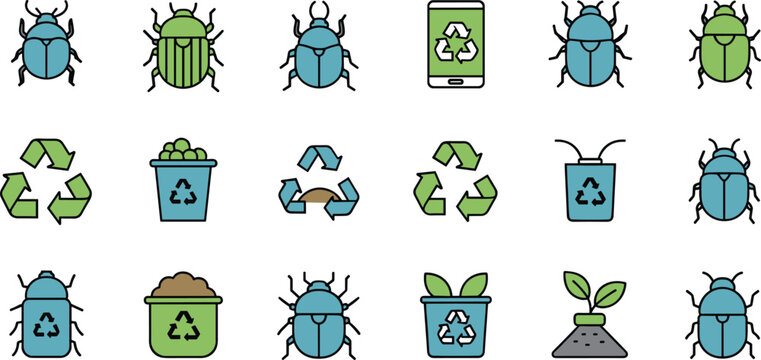 Colorful Dung Beetle and Recycling Icon Set Representing Ecology Environment and Sustainability Concept