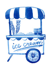 Hand drawn ice cream cart. Linear art ice cream cart ink  drawing, sketch. Use as print, poster, element design, package design, invitation, greeting card, postcard, Ice cream menu design, label. © daria