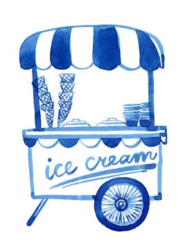 Hand drawn ice cream cart. Linear art ice cream cart ink  drawing, sketch. Use as print, poster, element design, package design, invitation, greeting card, postcard, Ice cream menu design, label.