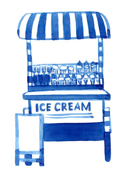 Hand drawn ice cream cart. Linear art ice cream cart ink  drawing, sketch. Use as print, poster, element design, package design, invitation, greeting card, postcard, Ice cream menu design, label.