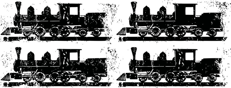 Vintage steam locomotive silhouettes in black, four identical old trains in side view pattern