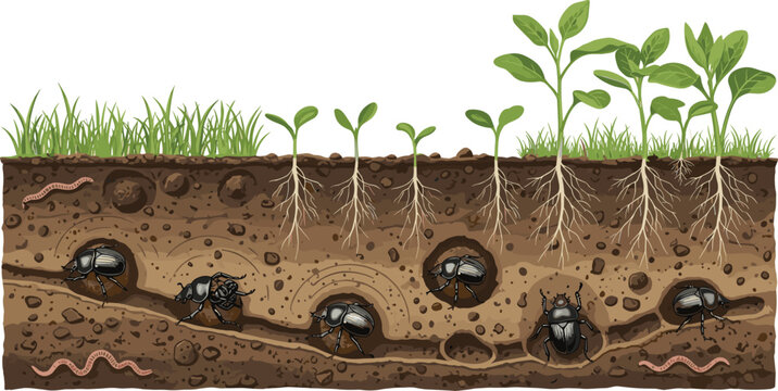 Underground Cross Section Showing Dung Beetles Burrowing Soil While Green Plants Grow Above