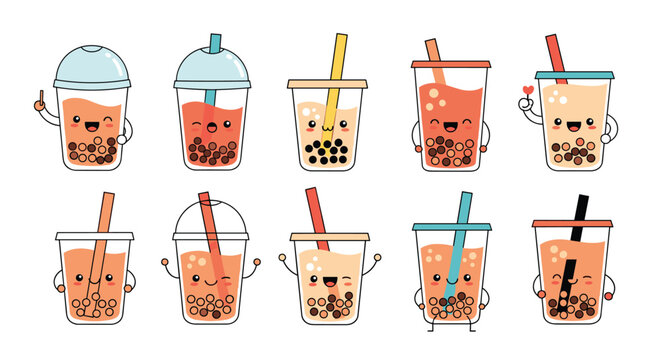 Collection of cute bubble tea characters in various flavors and cups with different expressions, straws, and bobas.