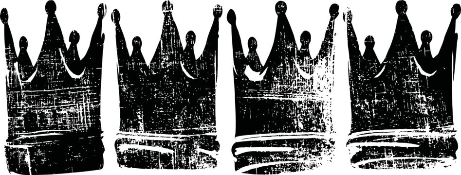 grunge black crowns set isolated on white background with textured silhouette