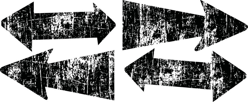Set of grunge black directional arrows pointing left and right with distressed texture