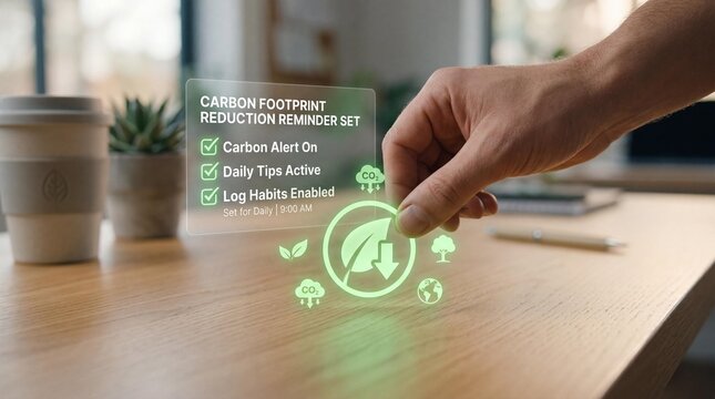Person using augmented reality interface for carbon footprint reduction tracking with digital eco friendly icons and sustainable lifestyle reminders on wooden desk