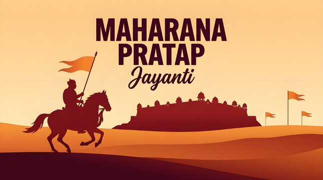 Maharana Pratap Jayanti Celebration Illustration, Silhouette of Rajput King on Horseback with Saffron Flag and Ancient Mewar Fort in Desert Landscape