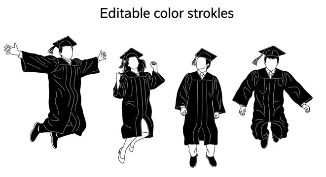 Graduates in black gowns jumping.