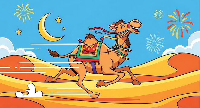 Man riding camel across desert at night