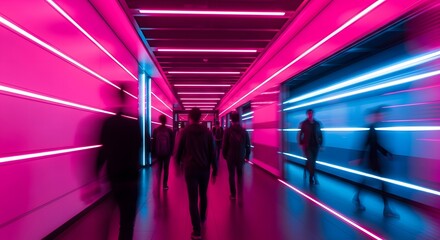 Fototapeta premium Motion blur of people walking in a futuristic neon corridor. Urban commute and high-tech city lifestyle. Pedestrians moving through a brightly lit purple and blue glowing hallway