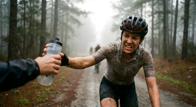 Ciclista de monta&ntilde;a exhausta y cubierta de barro recibiendo una botella de agua durante una carrera en el bosque