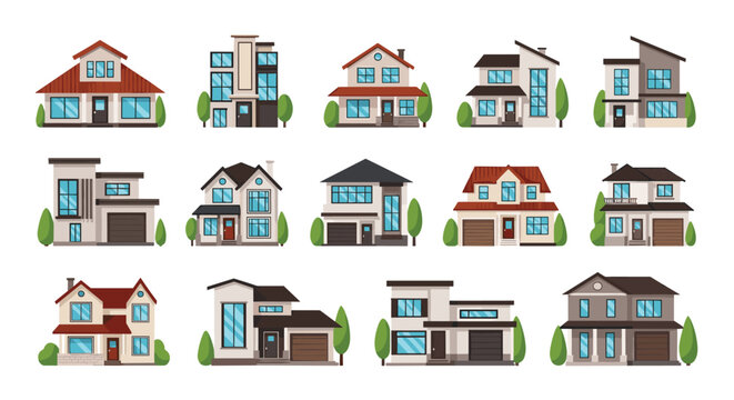Modern house architecture illustrations set showcases various two-story residential buildings with different roof styles and garage designs.