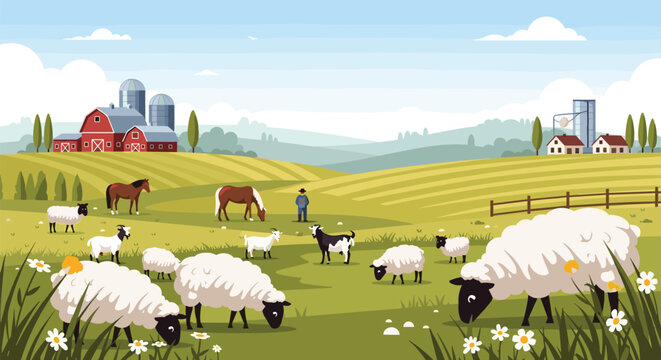 Beautiful countryside farm landscape with a red barn, silos, grazing sheep, goats, horses, and a farmer working in the green fields.