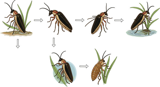 Diving Beetle Complete Life Cycle Diagram Showing Adult Mating Egg Larva And Pupa Stages