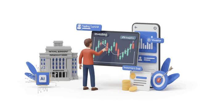 Investor analyzing stock market data near a bank and a smartphone screen
