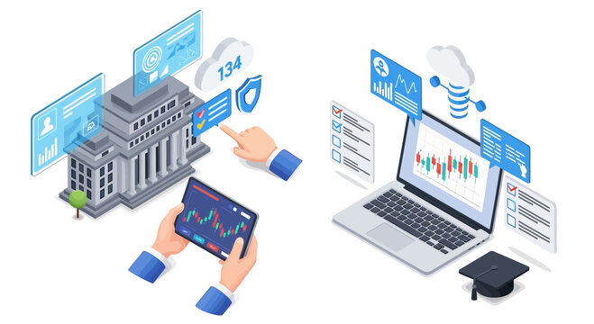 Isometric digital finance and technology illustration with icons and data